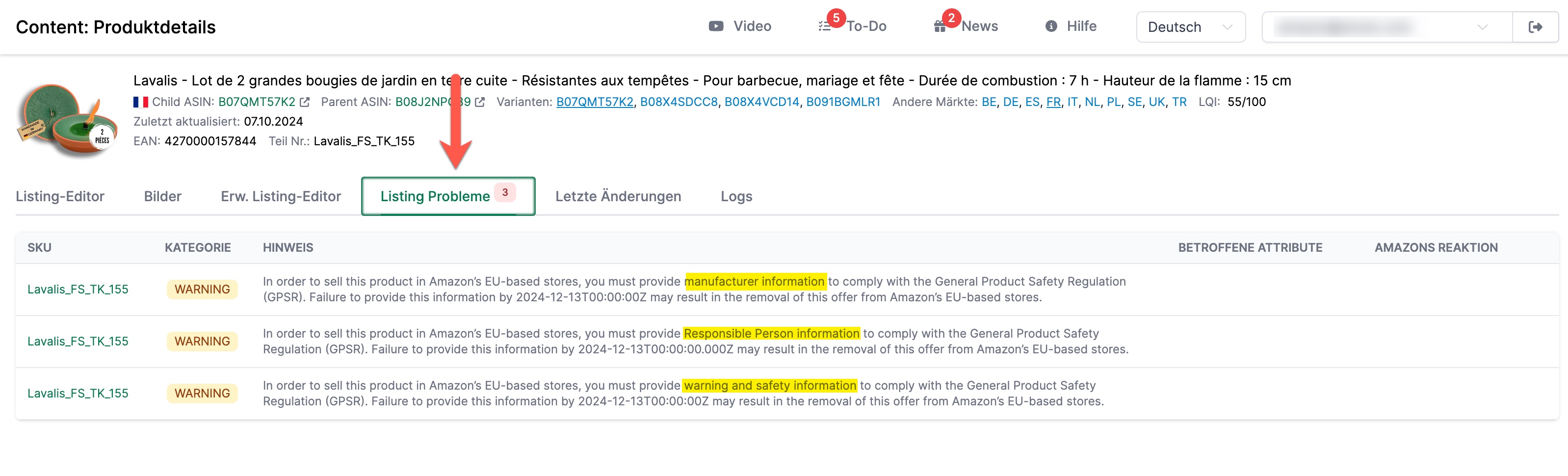 AMALYTIX Produktdetailseite mit GPSR Compliance Status