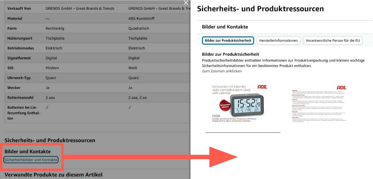 GPSR Sicherheitsbilder und Kontakte auf Amazon Produktdetailseite