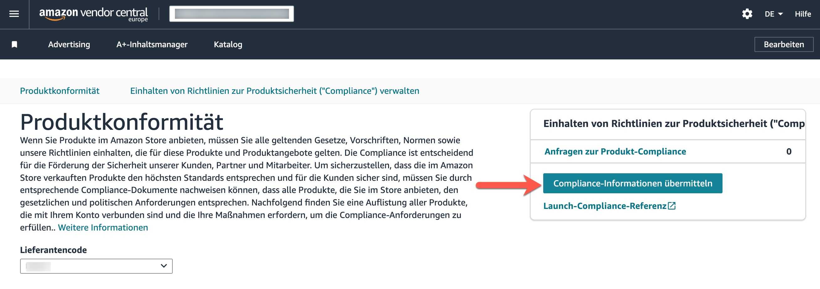 GPSR Compliance-Informationen übermitteln Button in Amazon Vendor Central