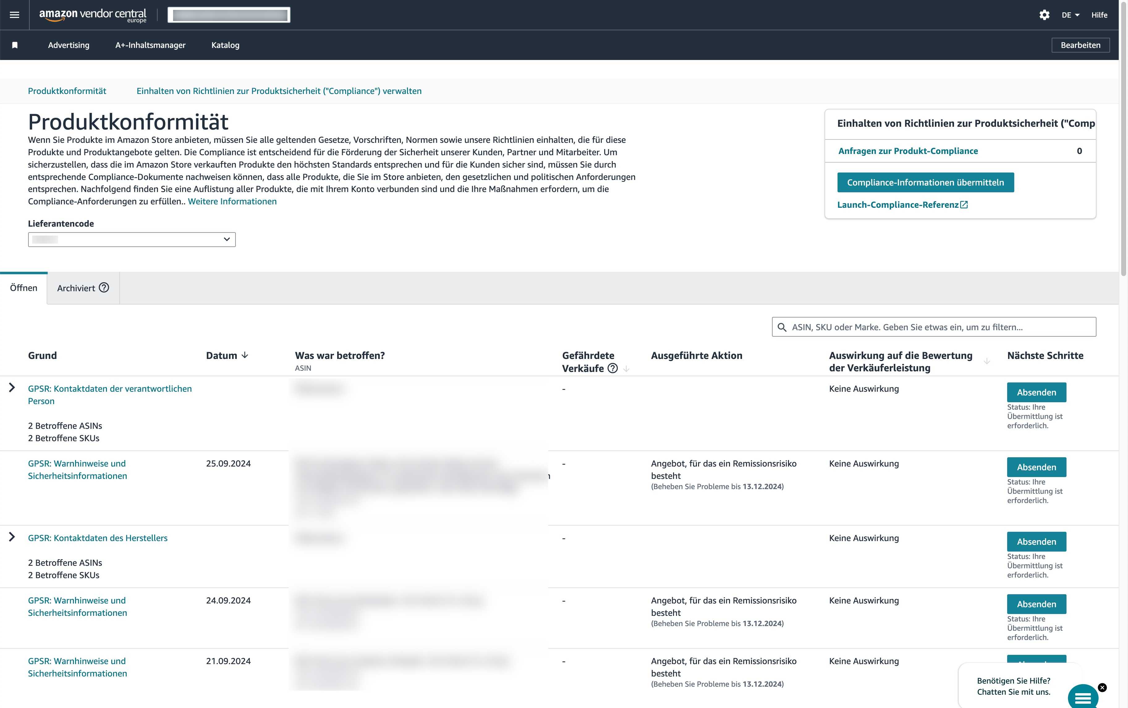 GPSR Compliance Dashboard in Amazon Vendor Central mit Produktübersicht