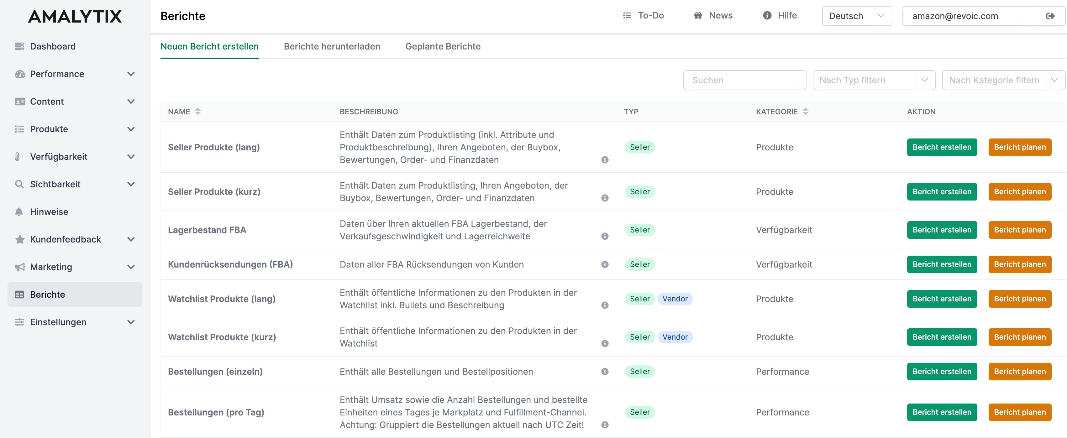 AMALYTIX Berichte-Verwaltung mit Tabs für Seller und Vendor