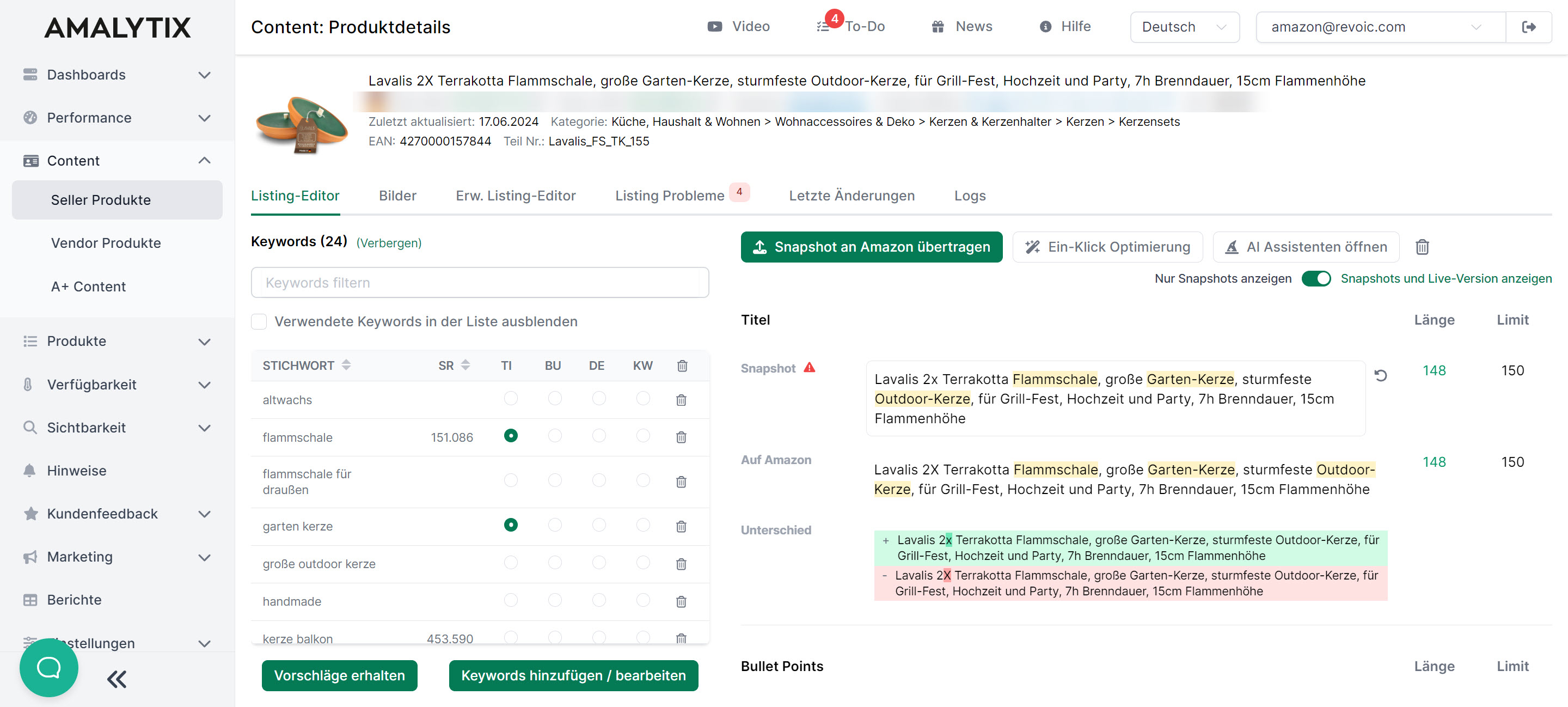 AMALYTIX Content-Detailseite mit Snapshot-Funktionen