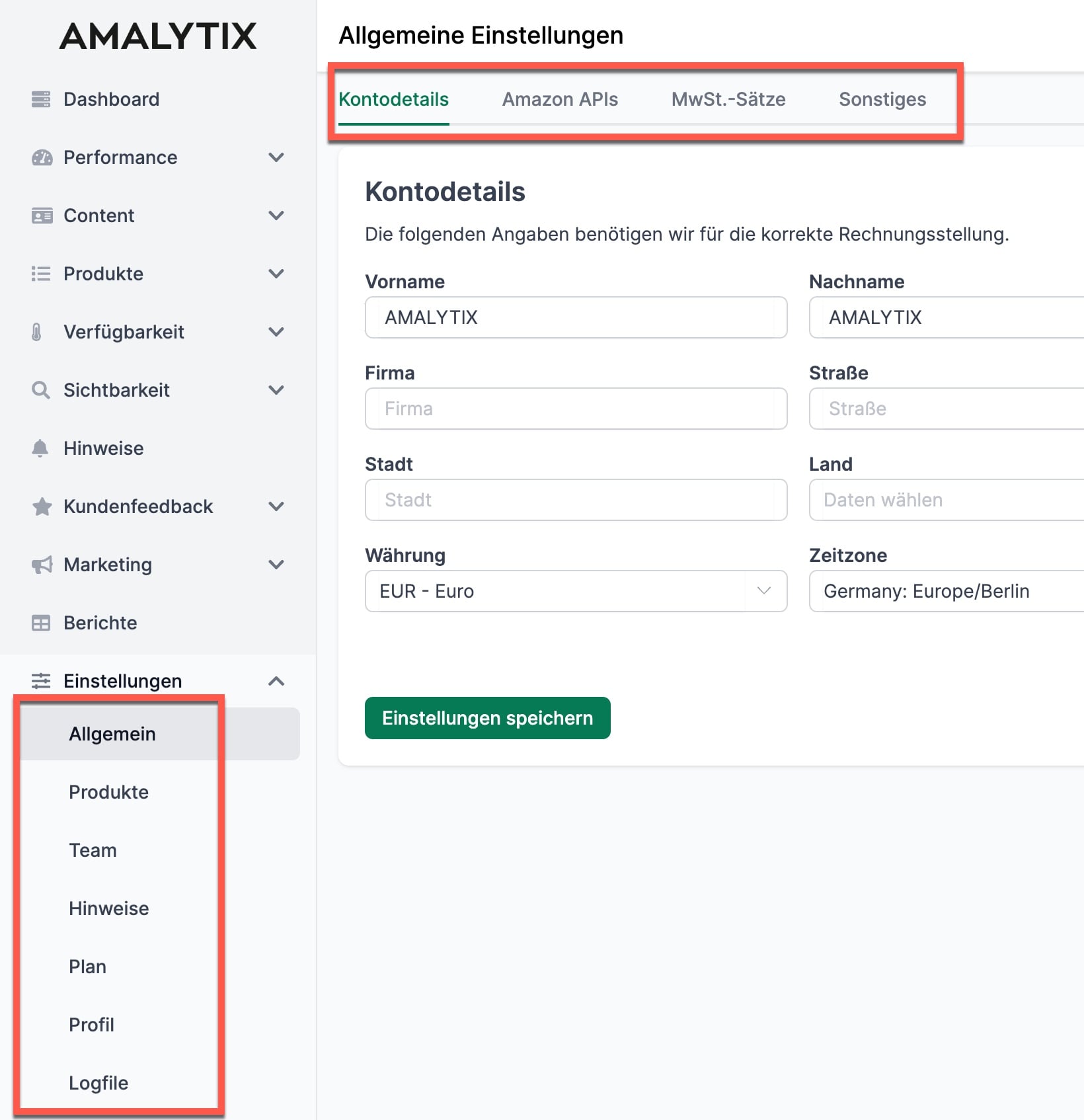 AMALYTIX neue Einstellungen-Struktur mit übersichtlichen Kategorien