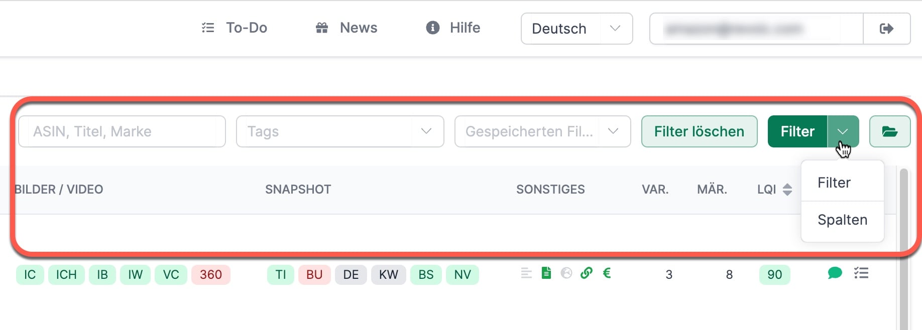 AMALYTIX standardisierte Filter und Quickfilter für ASINs und Marken