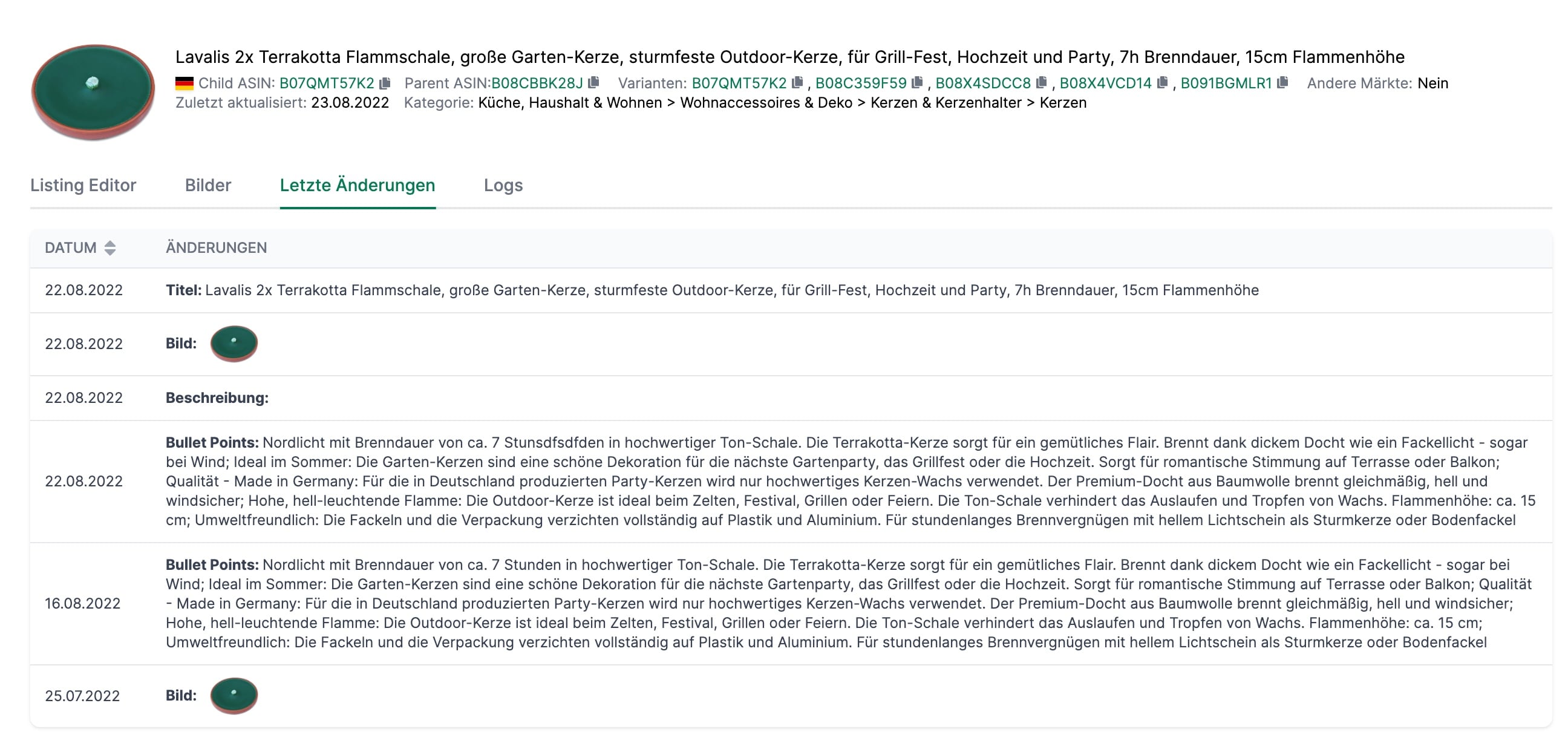 AMALYTIX Verlauf der letzten Änderungen auf Amazon Produktdetailseite