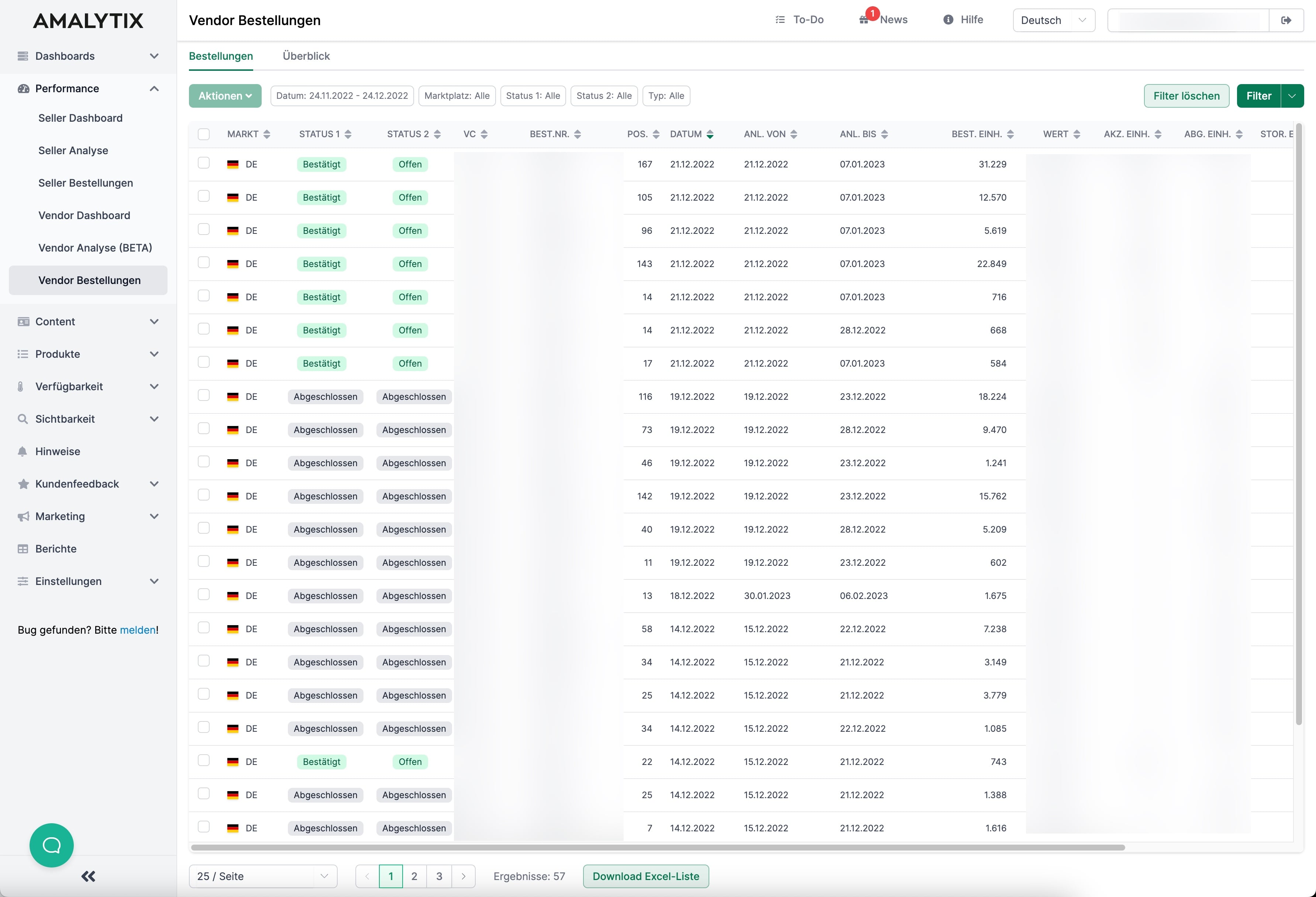 AMALYTIX Vendor Bestellungen Export aus Vendor Central