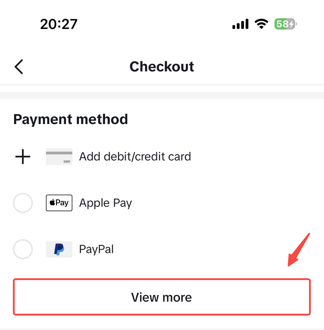 TikTok Shop Checkout zeigt verfügbare Zahlungsmethoden: Kreditkarte, PayPal, Apple Pay und Google Pay