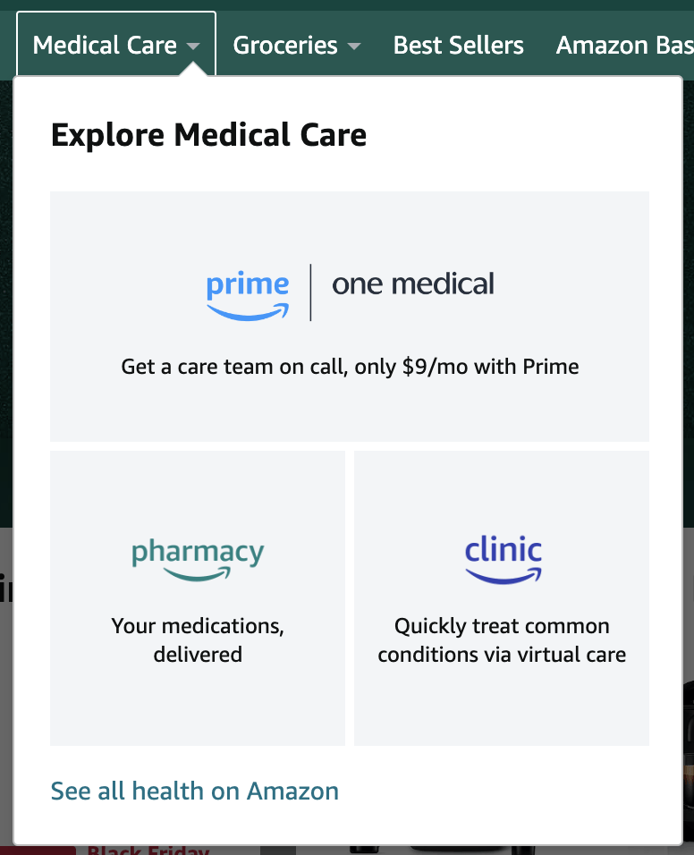Amazon Medical Care Services mit One Medical, Pharmacy und Clinic in den USA