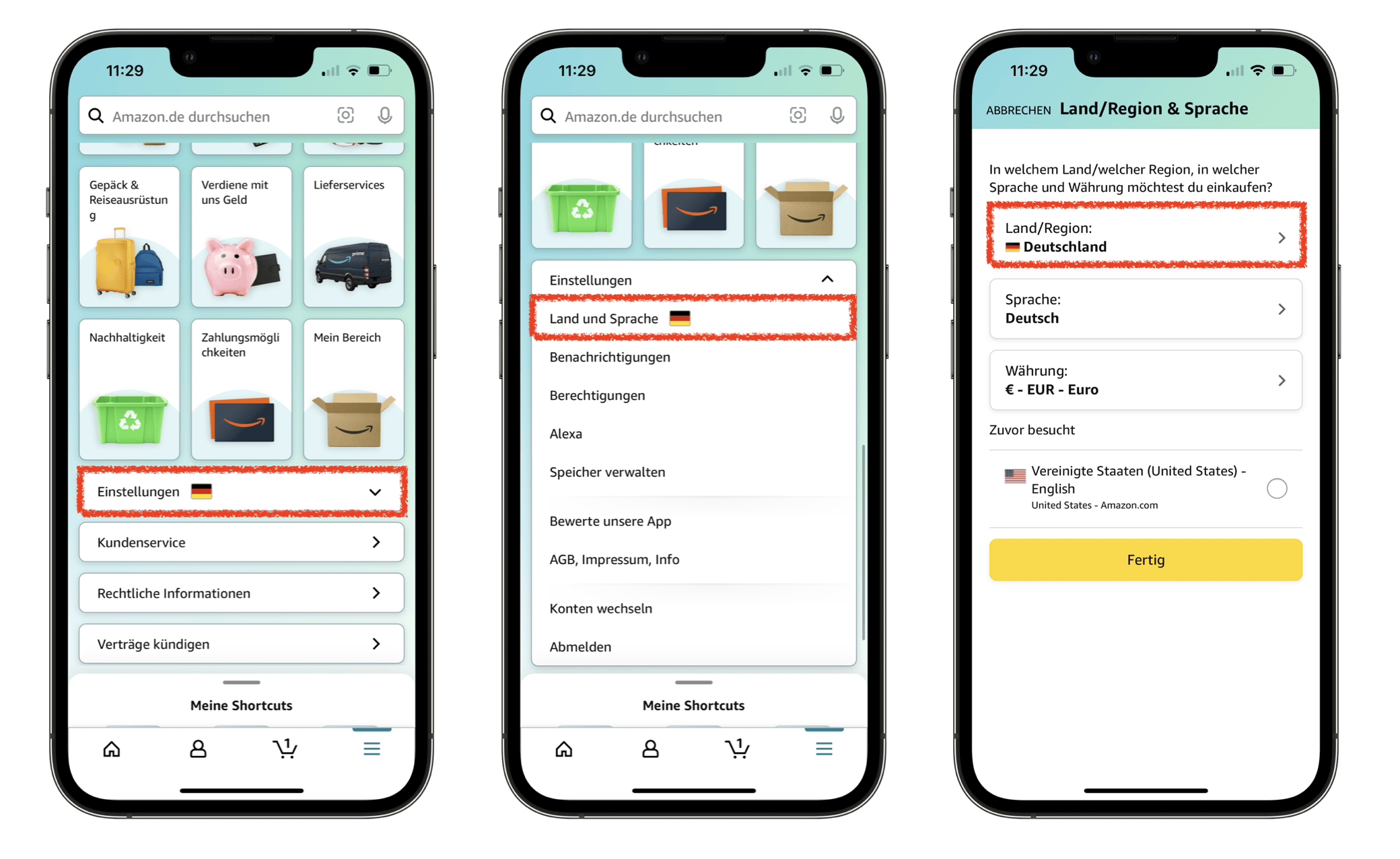 Amazon Ländereinstellungen ändern zwischen Deutschland und USA Marktplatz