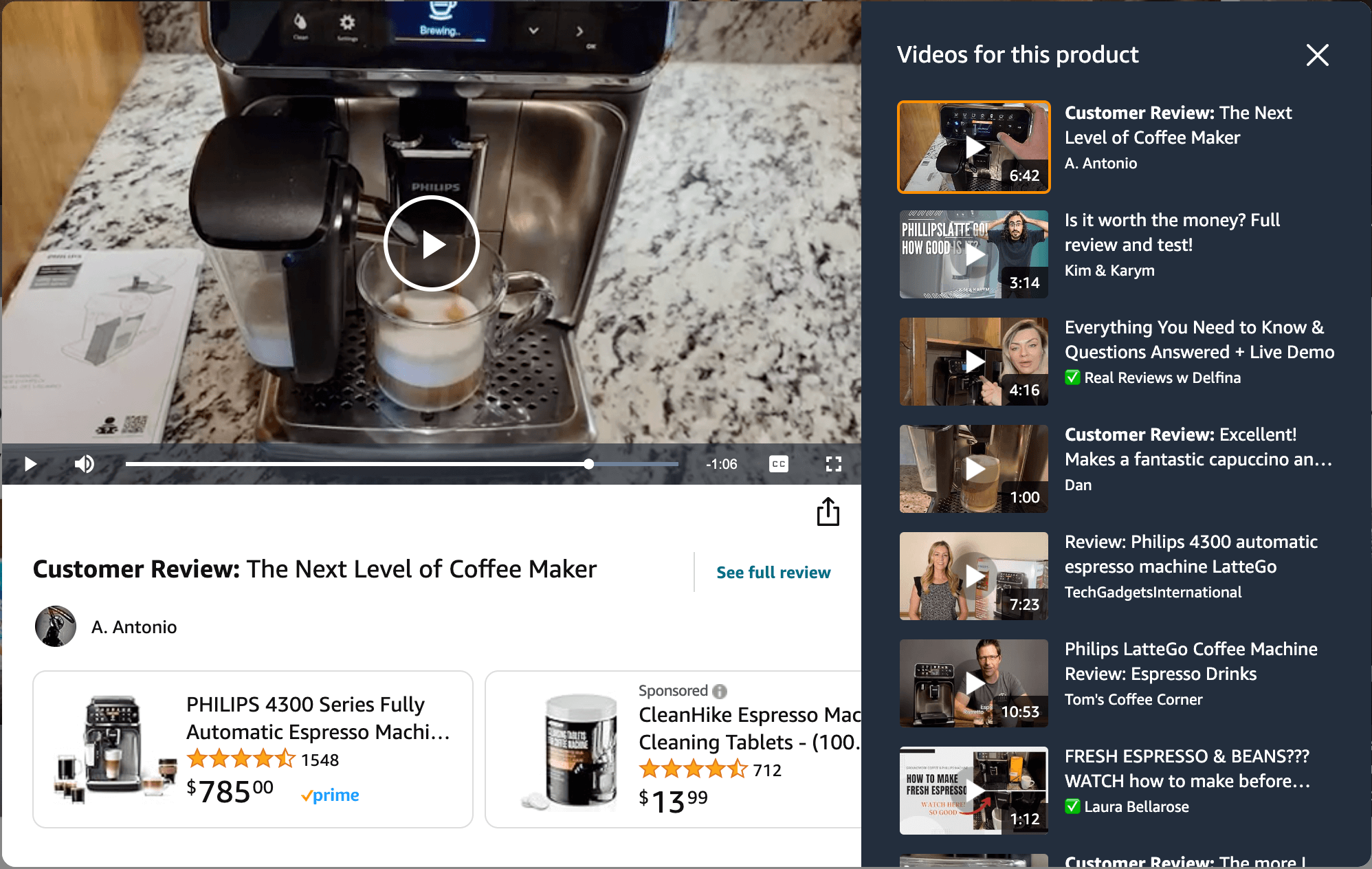 Amazon Videorezension zeigt Kaffeemaschine in Aktion mit Zubereitungsprozess und Funktionen