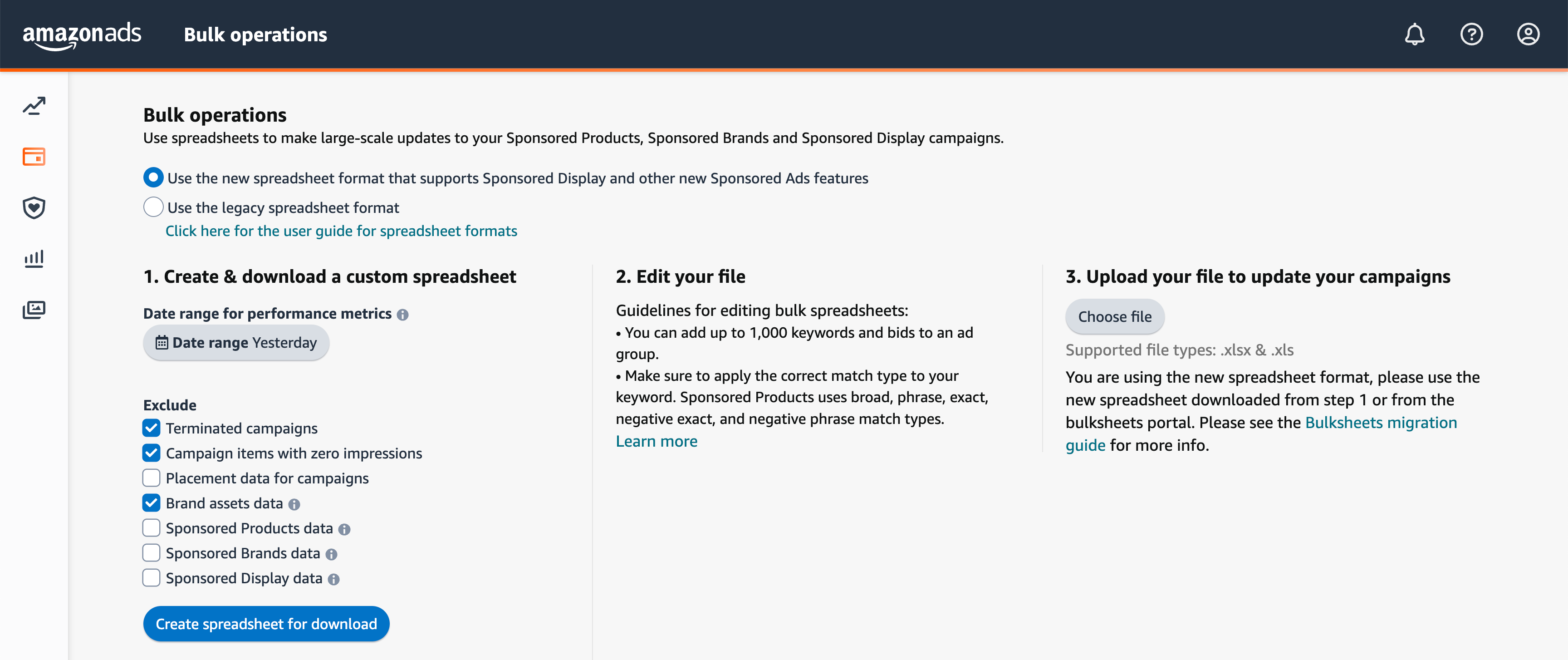 Amazon bulk operations interface in advertising console for downloading and uploading campaign spreadsheets