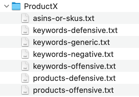 Organized folder structure for Amazon bulk operations with Python storing product and keyword data in text files