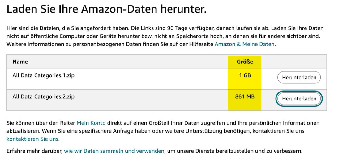 Amazon-Daten Größe - Beispiel einer heruntergeladenen Datendatei