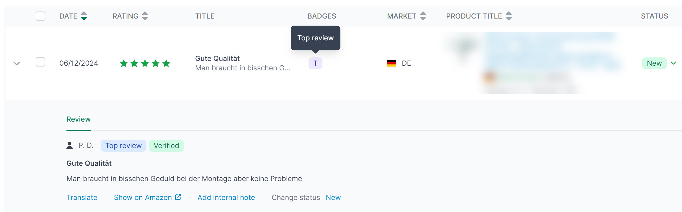 AMALYTIX dashboard showing Amazon top reviews marked with labels