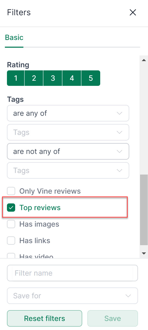 AMALYTIX filter options for Amazon top reviews analysis