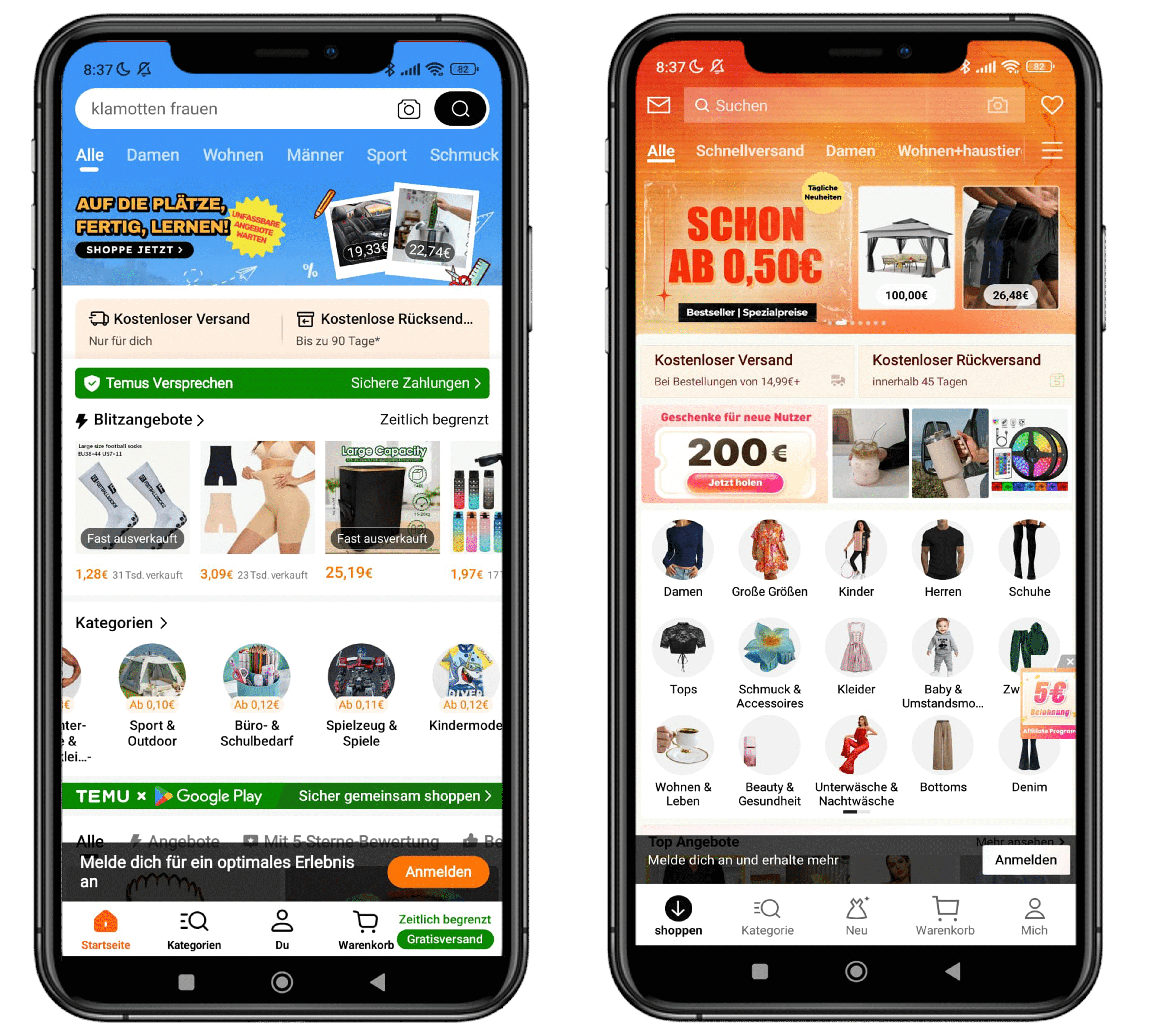 Temu und Shein App Oberfläche mit Gamification-Elementen und Flash Sales