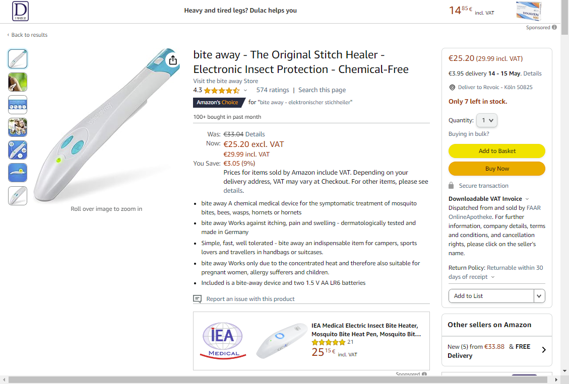 Amazon bite away product page showing customer reviews and ratings