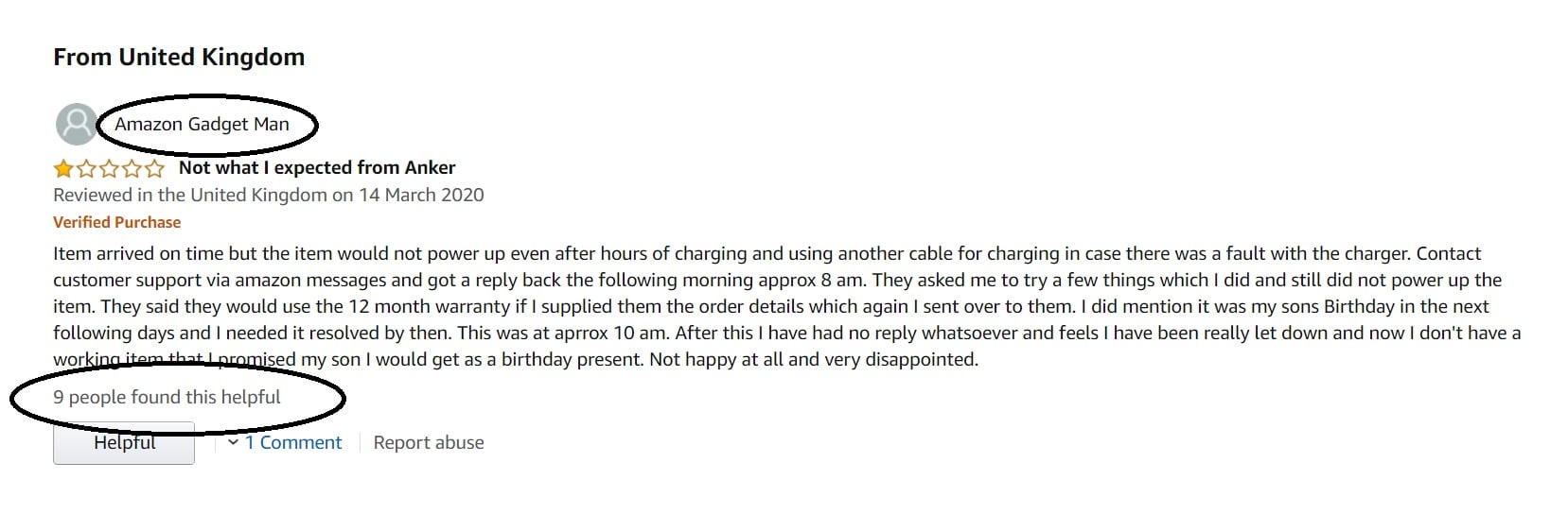 Amazon review with suspicious helpful votes pushing negative feedback to top