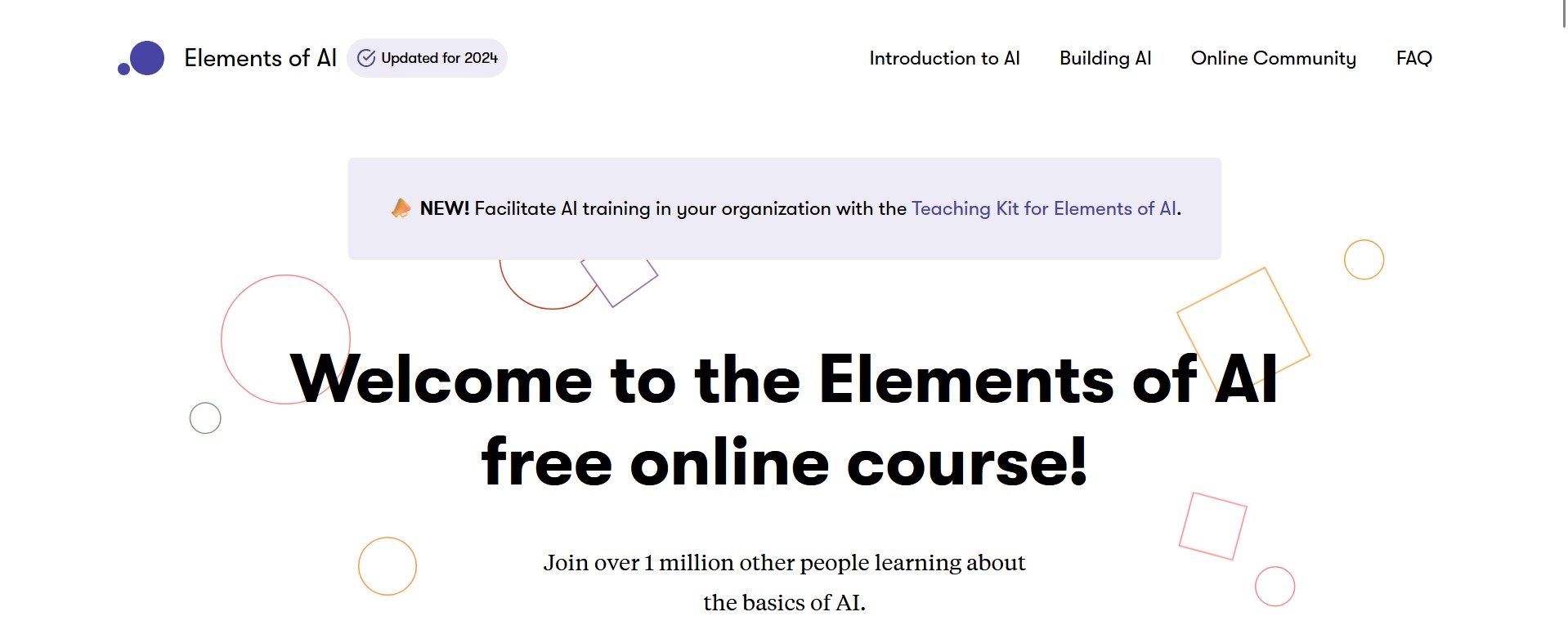 Elements of AI free online course homepage from University of Helsinki