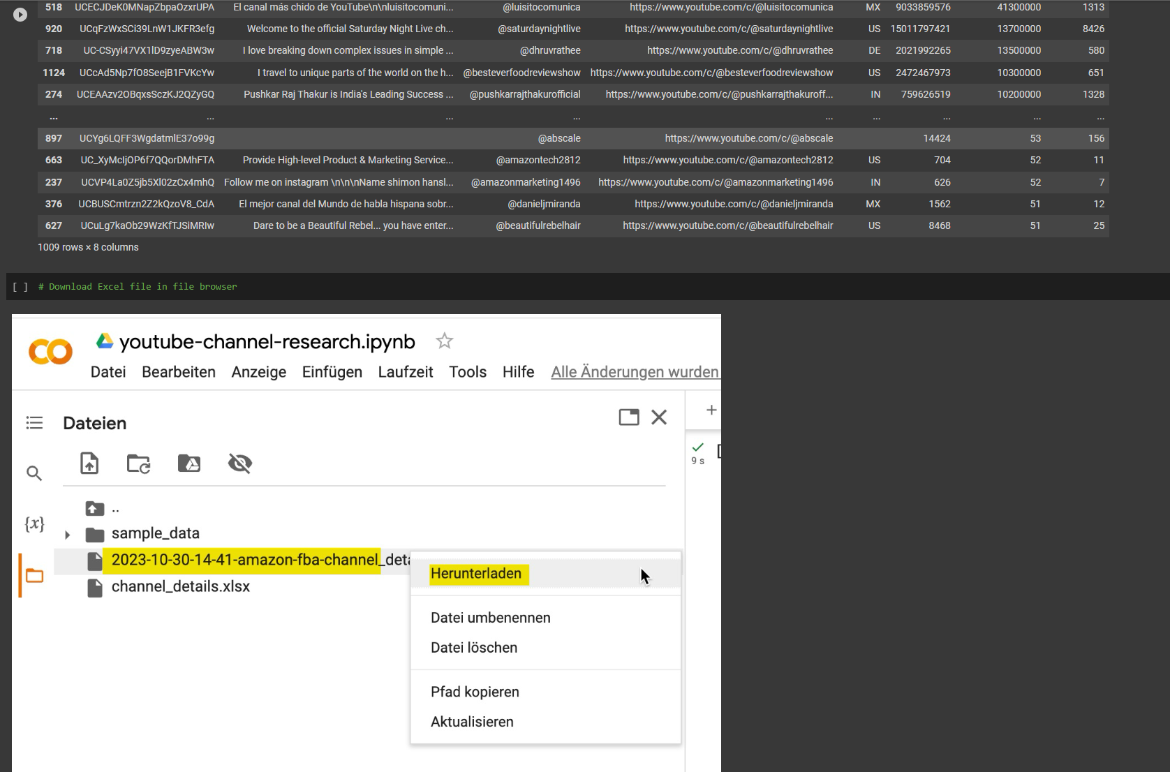 Excel-Export der gefundenen YouTube-Kanäle mit Abonnentenzahlen
