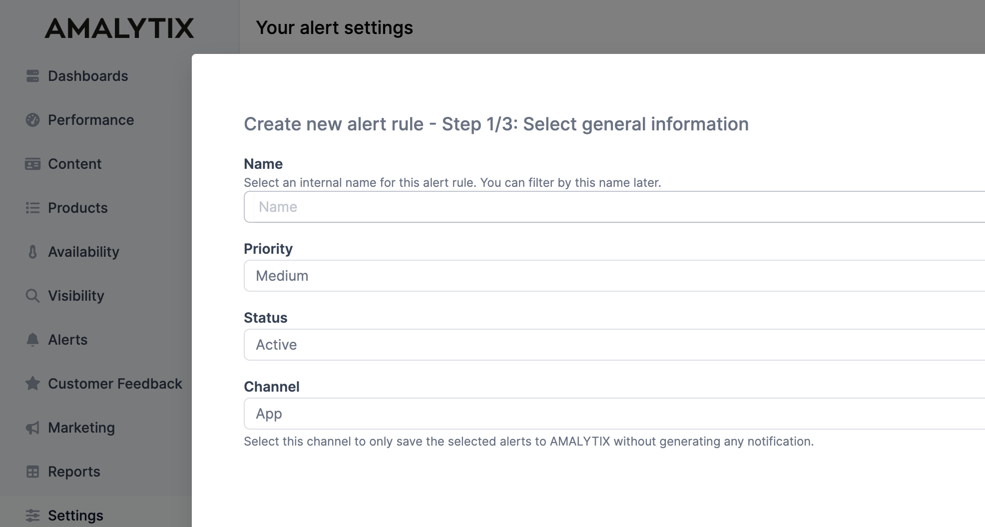 Create new alert rule dialog – Step 1: Select general information