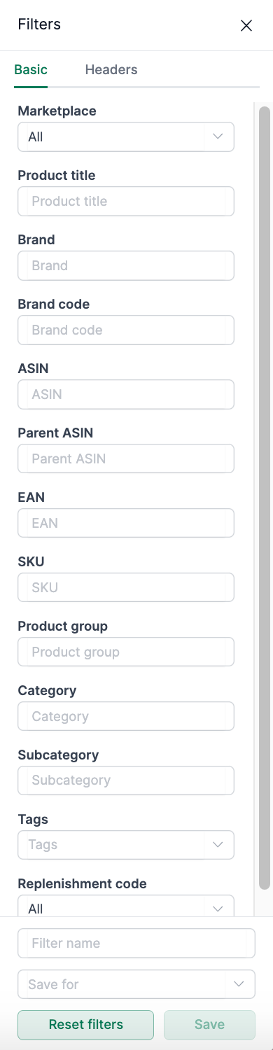 Filter options in the Amazon vendor inventory in AMALYTIX