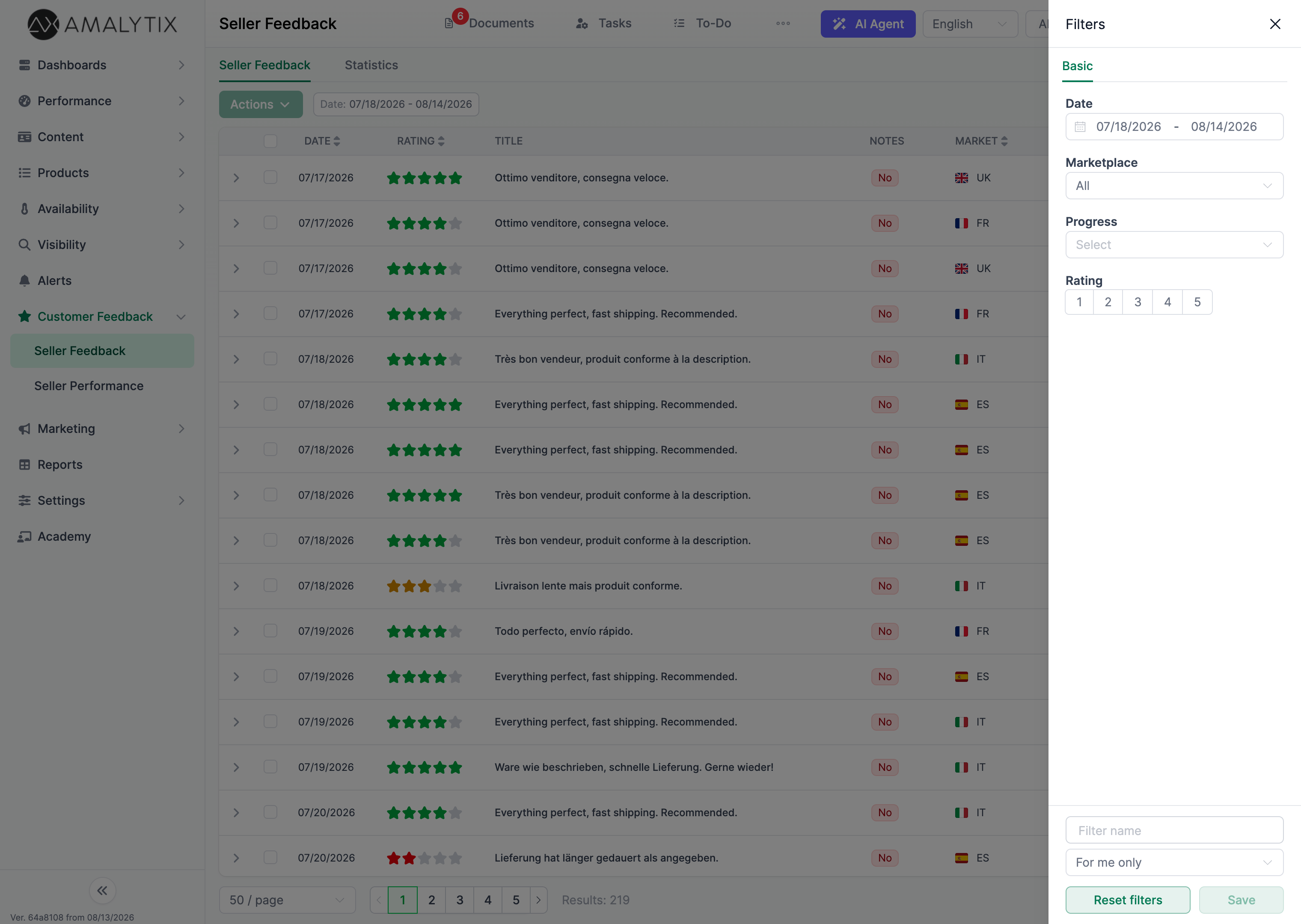 Amalytix Seller Feedback filters