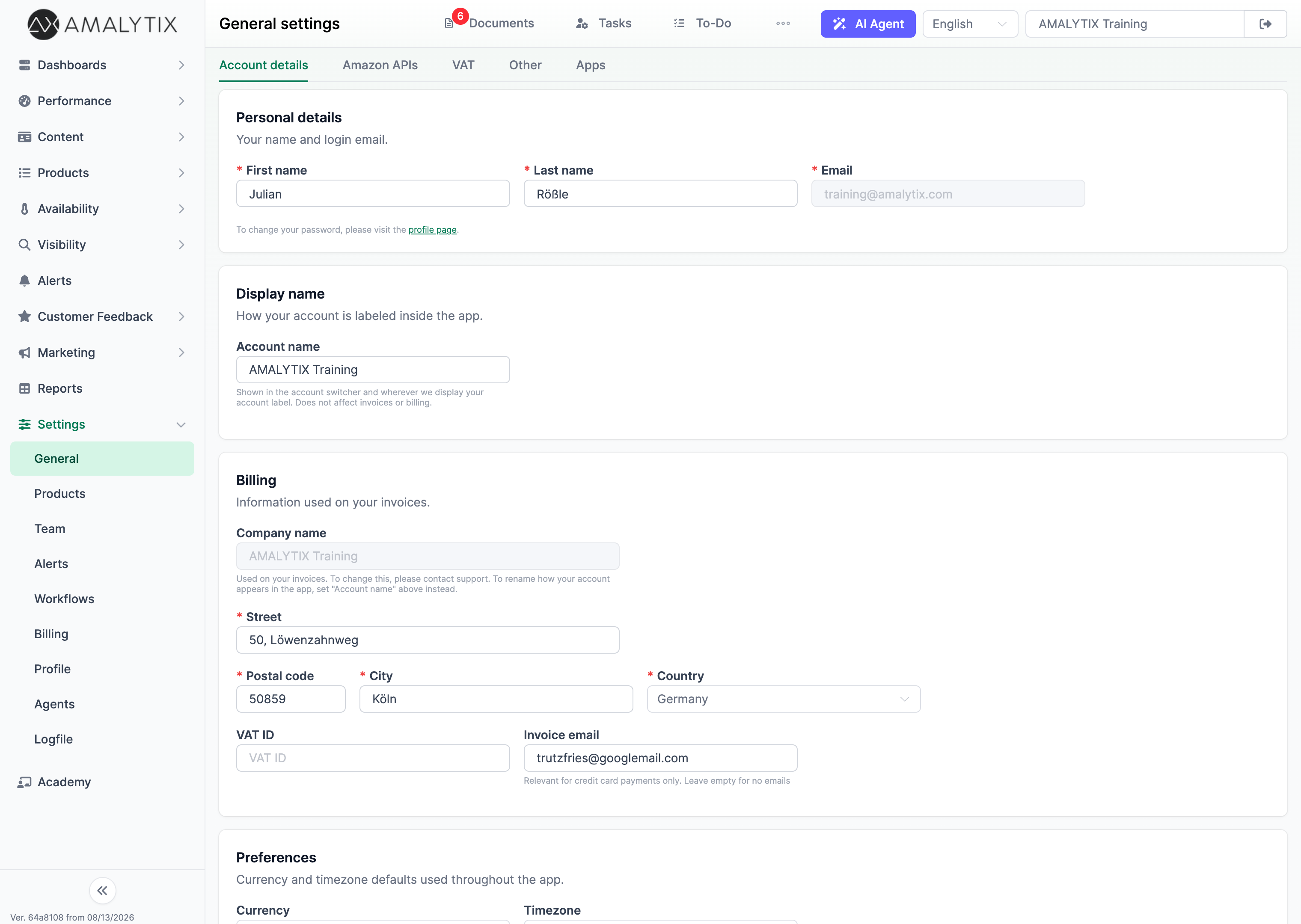 Entering the account data in AMALYTIX