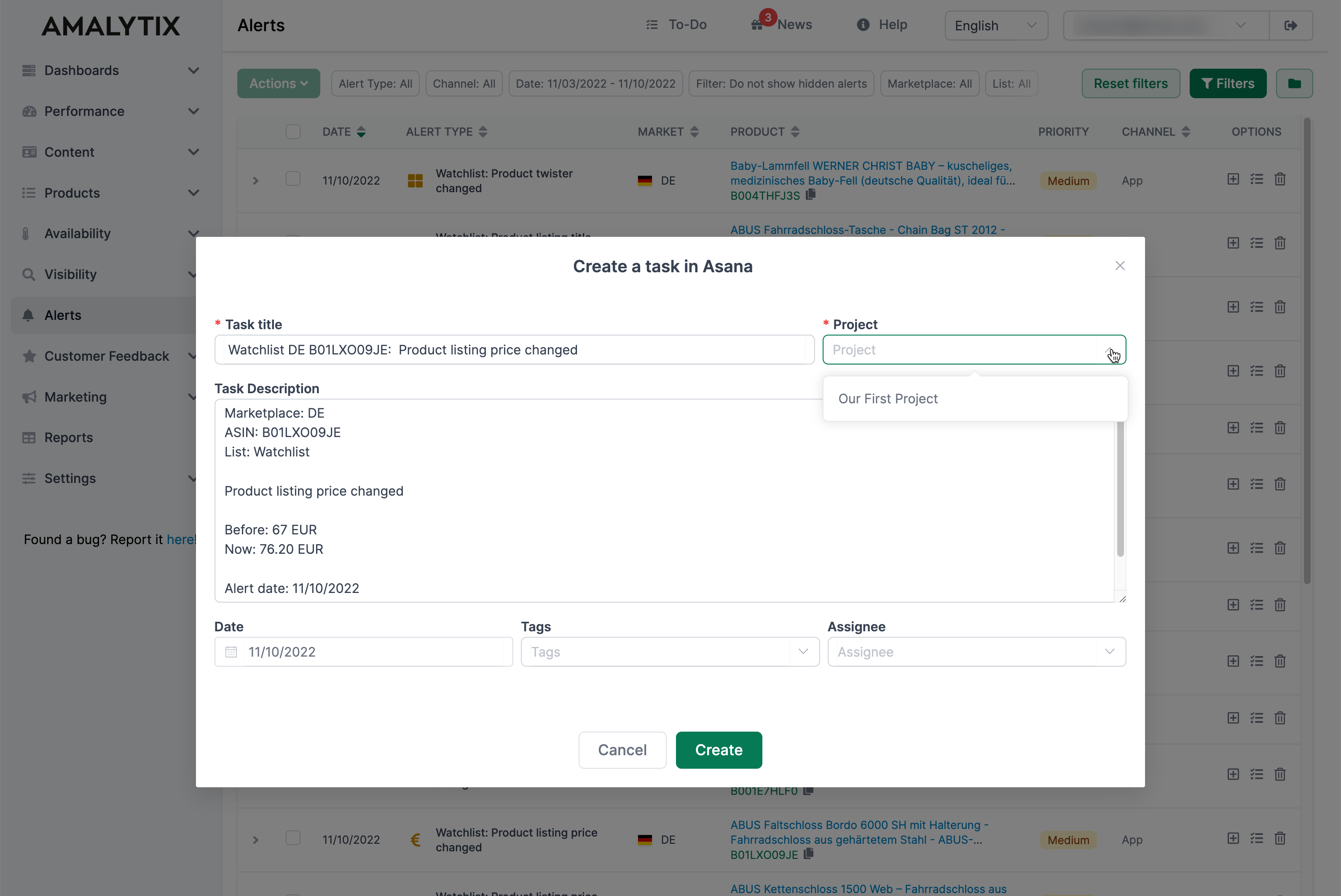 Creating a task for a conntected app in AMALYTIX