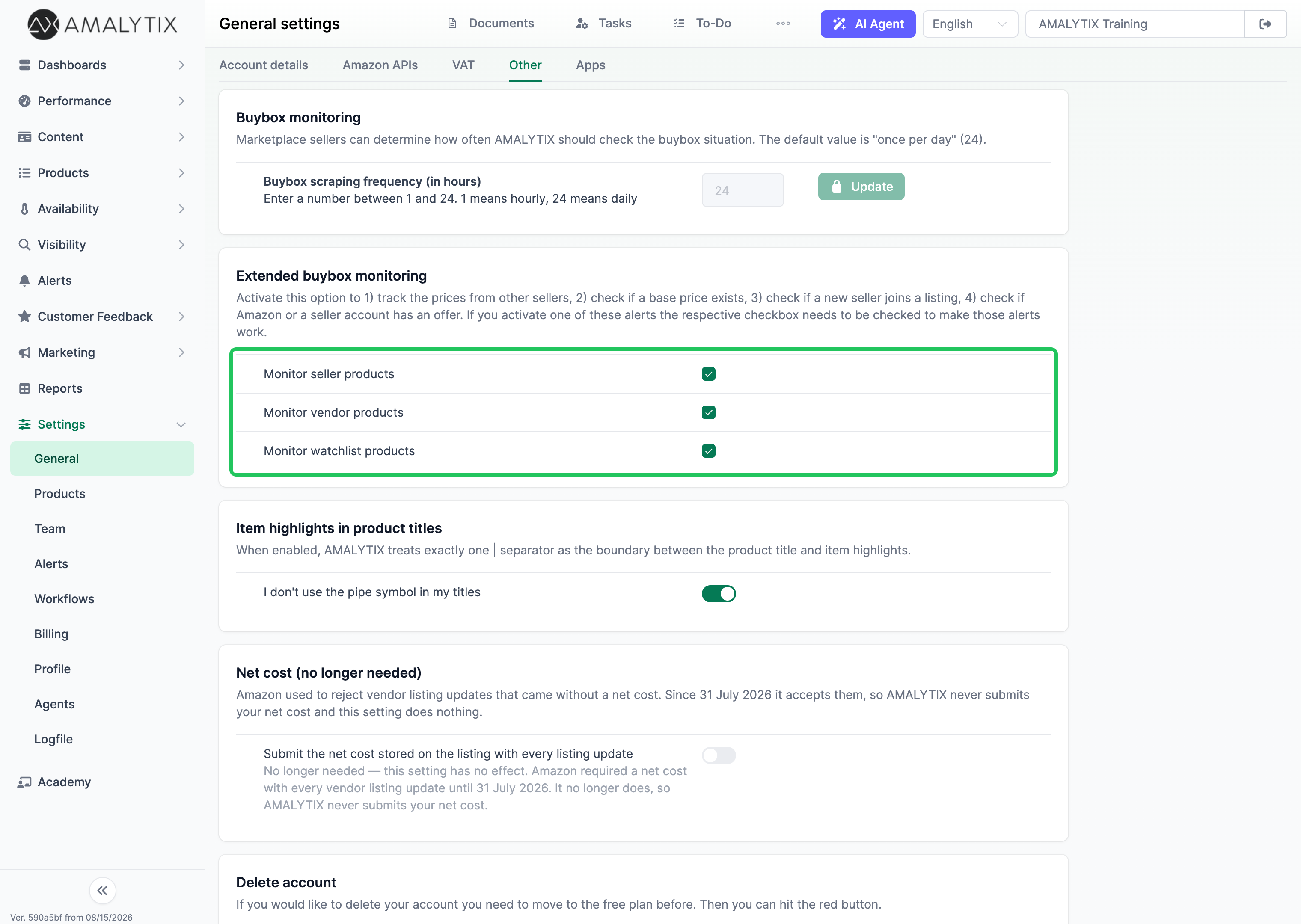 Options for monitoring the prices of other Amazon sellers in AMALYTIX