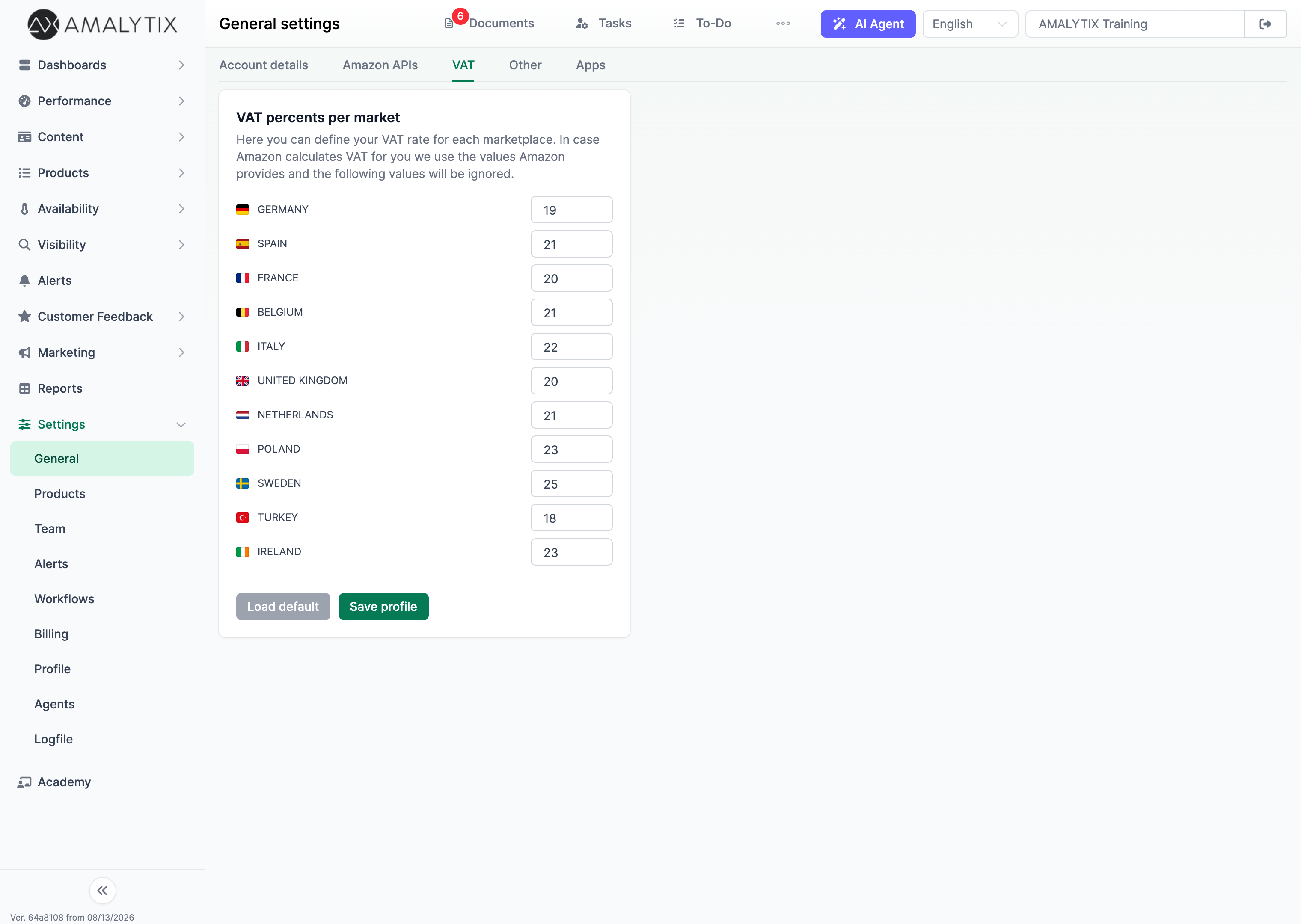 Set Amazon VAT rates per marketplace in AMALYTIX