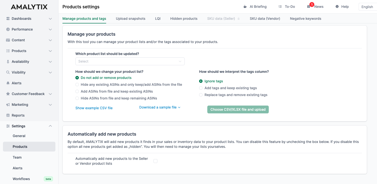 Update product list in AMALYTIX
