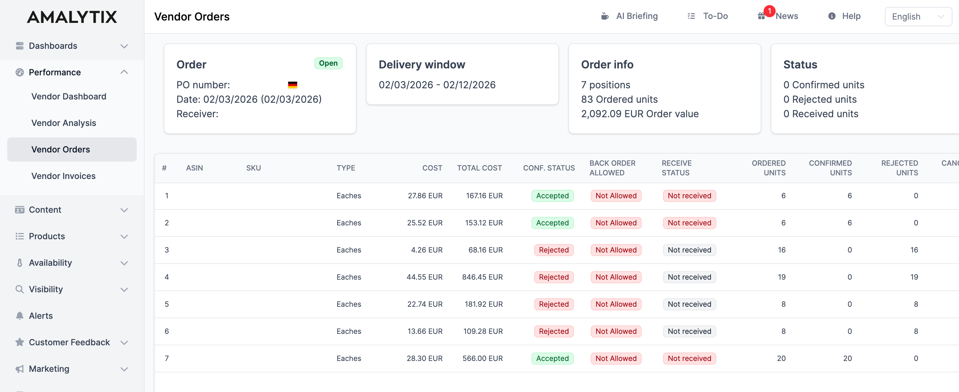 Overview of order details in AMALYTIX