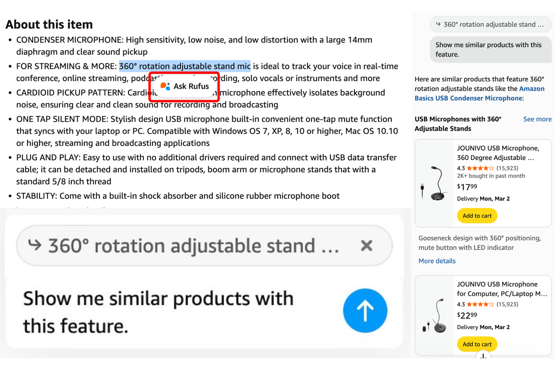 Ask Rufus nach Textmarkierung auf der Produktdetailseite