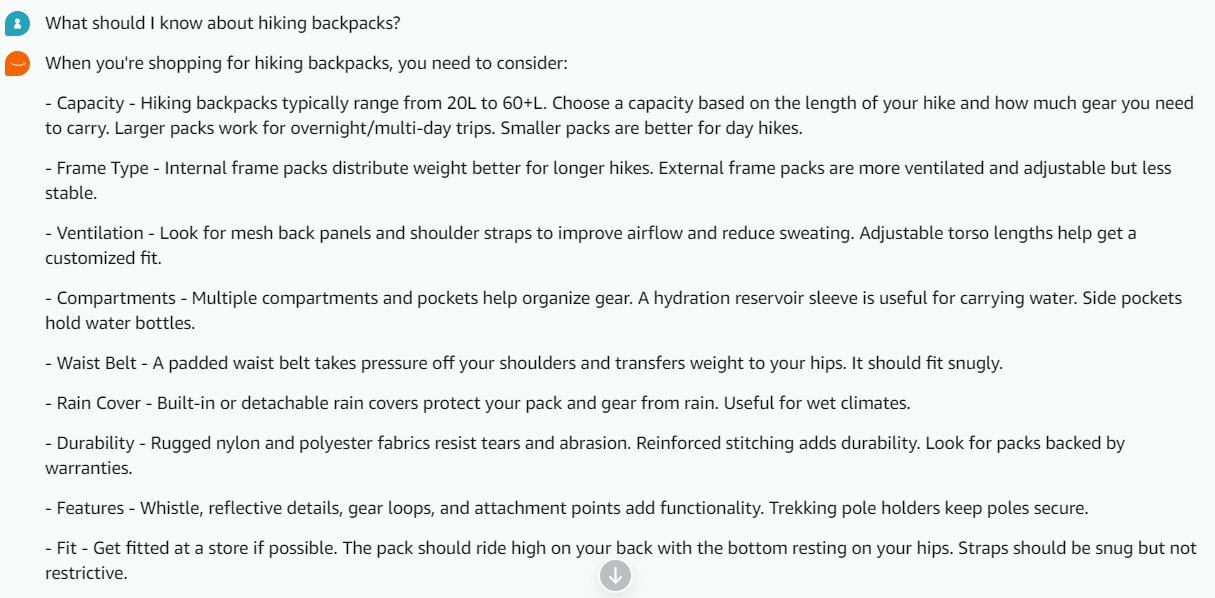 Amazon Rufus providing general hiking backpack information and essential features overview