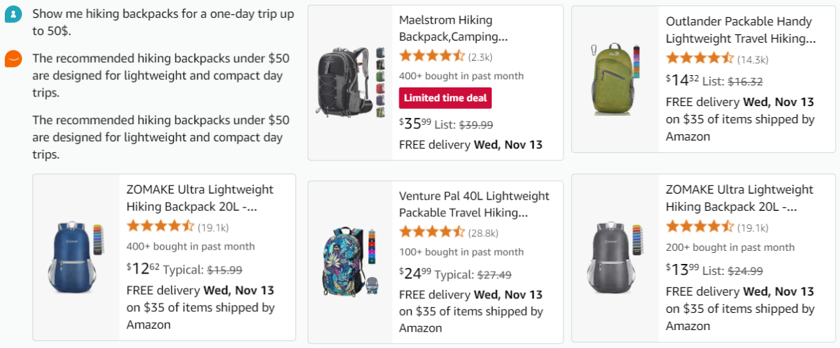 Rufus filtering hiking backpacks by price showing budget-friendly options under $50