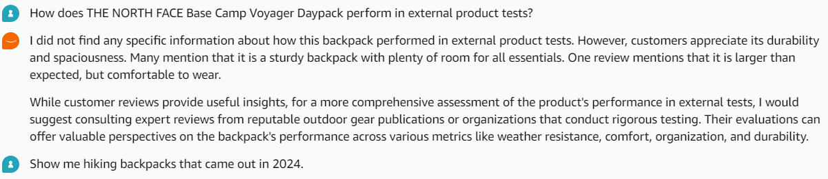 Rufus response showing reliance on Amazon customer reviews rather than external data