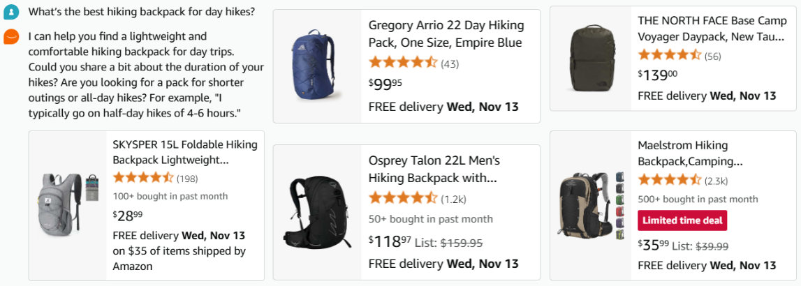 Rufus providing customized day hiking backpack recommendations based on specific use cases