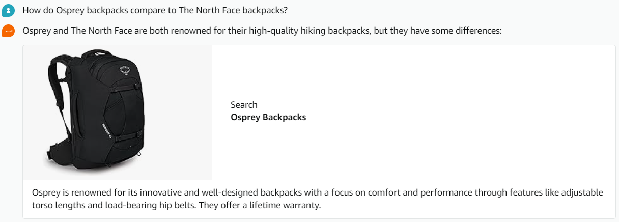 Rufus comparing Osprey vs The North Face backpack brands with detailed feature analysis