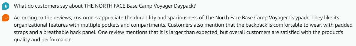 Rufus AI summarizing customer reviews for North Face Base Camp Voyager Daypack