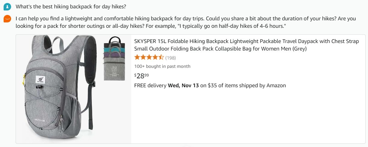Rufus displaying specific product listings for targeted day hiking backpack query