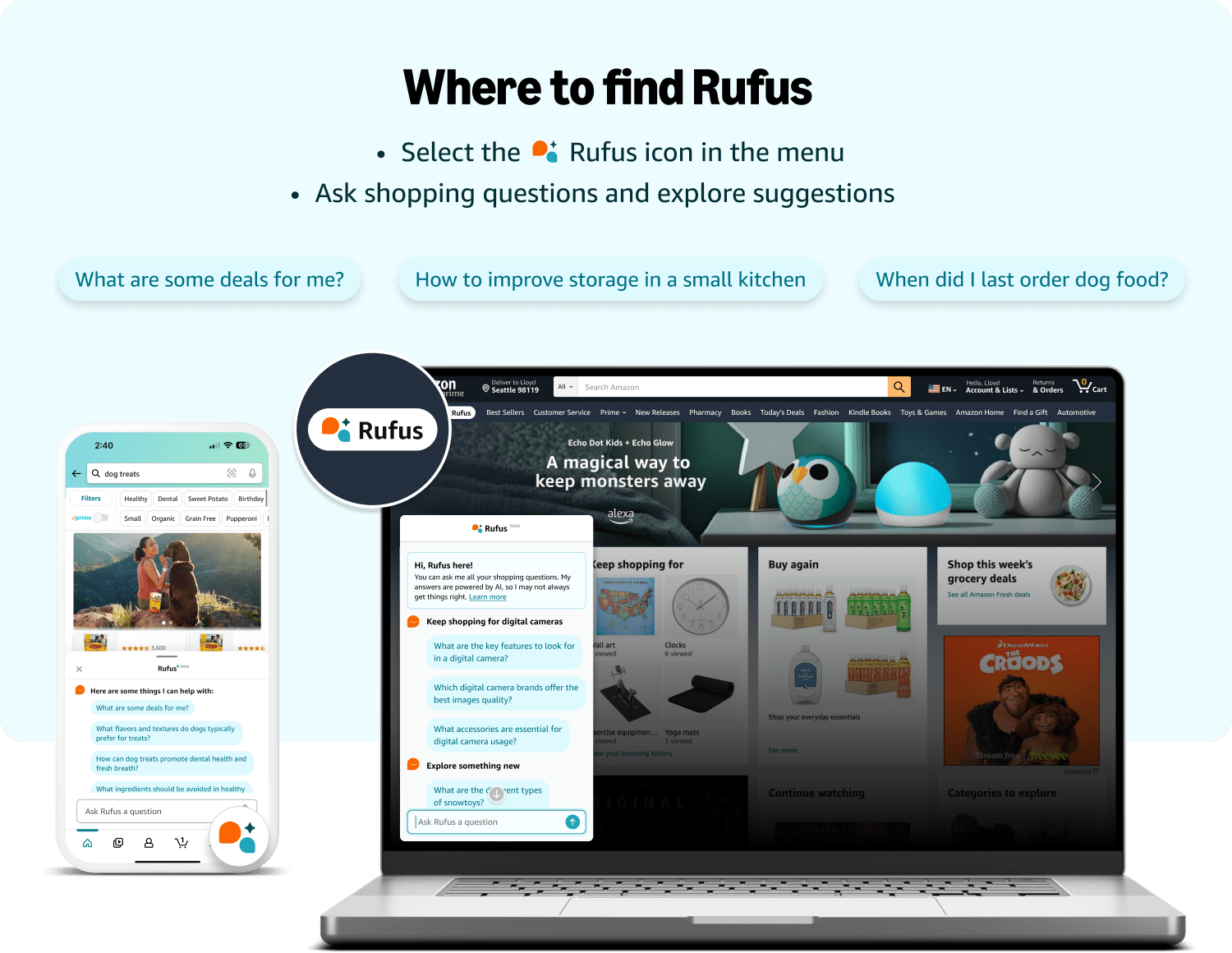 Amazon Rufus location on mobile app and desktop showing chat interface button