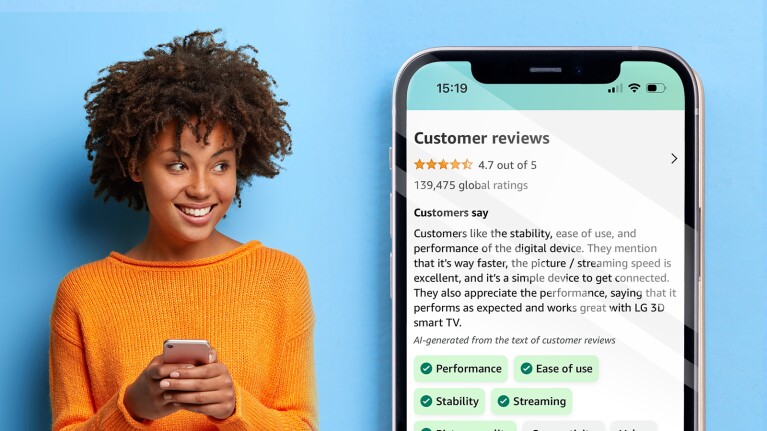 Amazon AI-generated customer review summaries highlighting key product features and sentiment