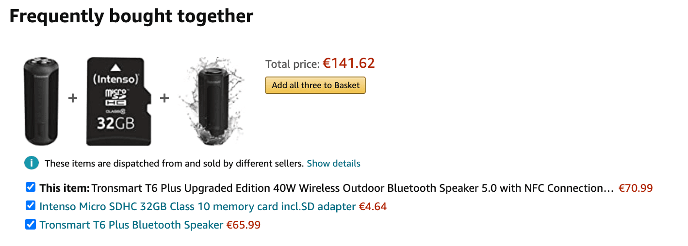 Amazon frequently bought together widget displaying bundle opportunities and cross-sell products