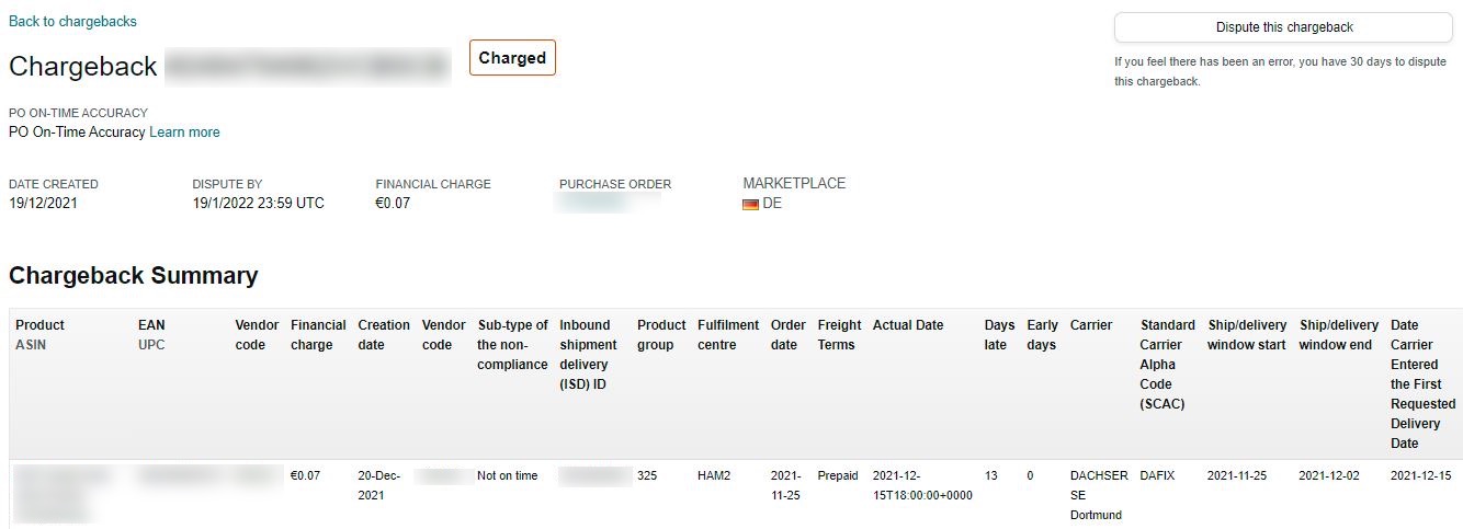 Amazon chargeback dispute interface for filing vendor penalty appeals