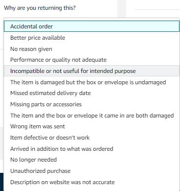 Amazon customer return interface showing problem reporting options