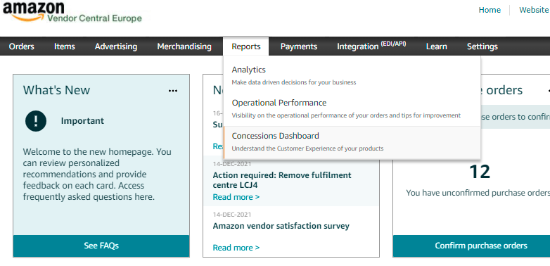Amazon Concessions Dashboard in Vendor Central showing return and refund analytics