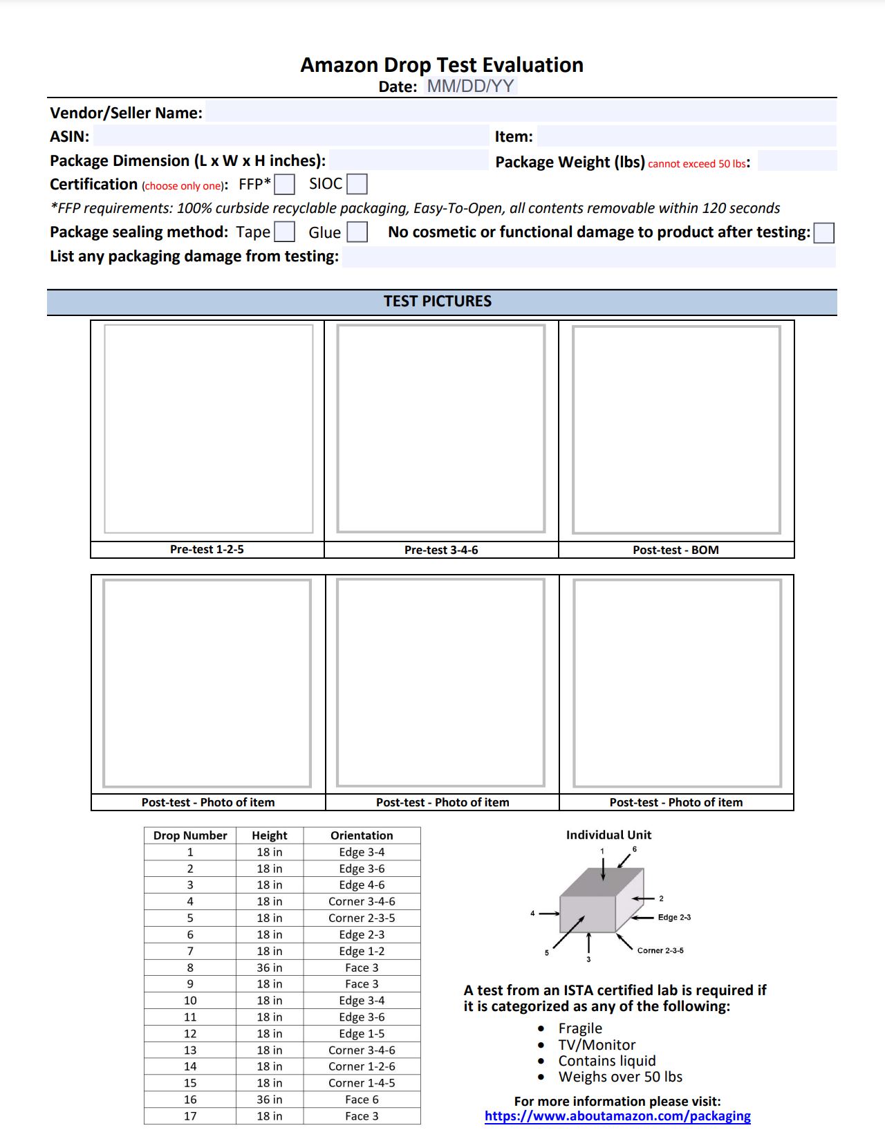 Amazon Drop Test Evaluation Form for vendor self-testing of packaging certification