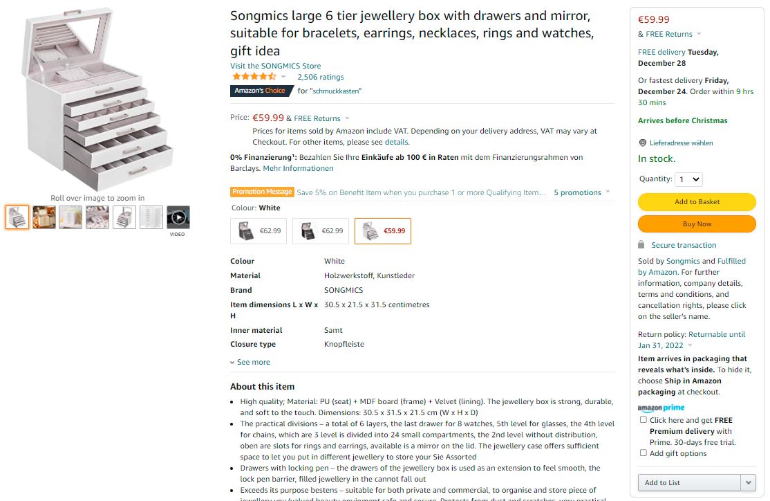 Amazon product page showing Frustration-Free Packaging certification label