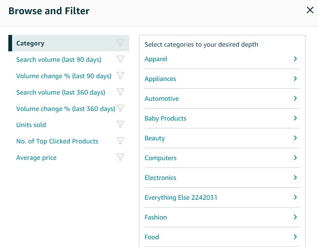 Product Opportunity Explorer browse and filter interface with category options